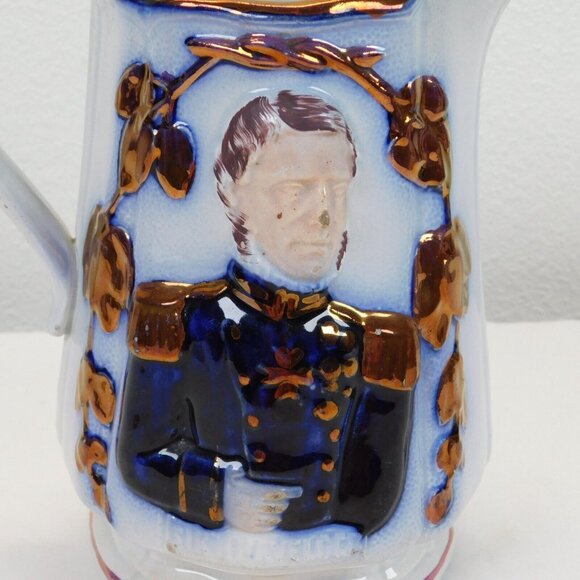 Antique Flow Blue Ceramic Copper Luster Commemorative Jug Cambell Havelock FLAW - Picture 6 of 14